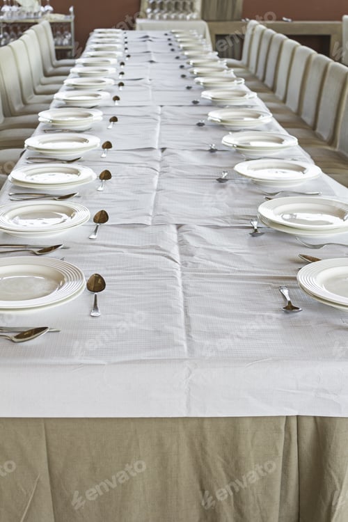 Preview: Restaurant Table Prepared For Event With Dishes And Tablecloth, Hospitality