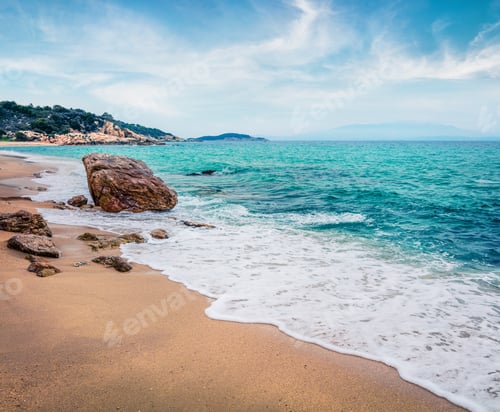 Preview: Misty Summer Seascape Of Aegean Sea. Picturesque Morning View Of Cuba Beach, Olimpiada Village