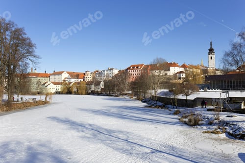 Preview: Colorful Royal Snowy Medieval Town Pisek Above The Frozen River Otava, Czech Republic