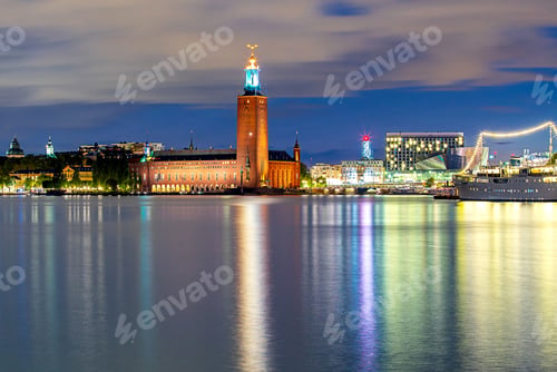 Preview: City Hall On The Waterfront In The Night Lighting. Stockholm. Sweden.
