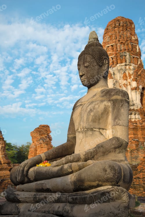 Preview: Ancient Sculpture Of A Sitting Buddha On The Ruins Of The Wat Mahathat Temple Close-Up. Ayutthaya