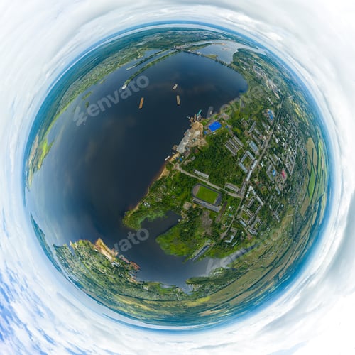 Preview: Rybinsk, Russia. Rybinsk Gateway System. Rybensoe Reservoir. 360 Degree Aerial Panoramic Asteroid