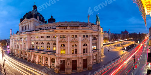 Preview: Panoramic Photo Of The Opera And Ballet Theater In Night Lighting At Sunset. Lviv. Ukraine.
