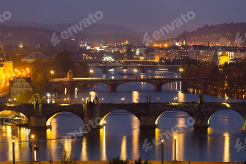 Preview: Night Prague City With Its Cathedrals, Towers And Bridges, Czech Republic