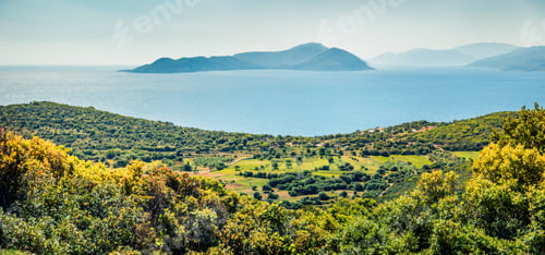 Preview: Misty Morning Panorama Of Ionian Islands. Colorful Spring View Of Lefcada Island, Greece, Europe