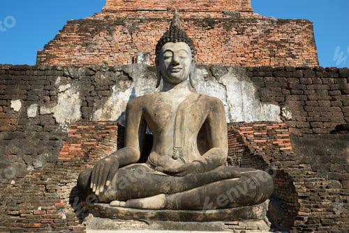 Preview: Ancient Sculpture Of A Sitting Buddha Close Up. Fragment Of Ruins Of The Buddhist Temple Wat
