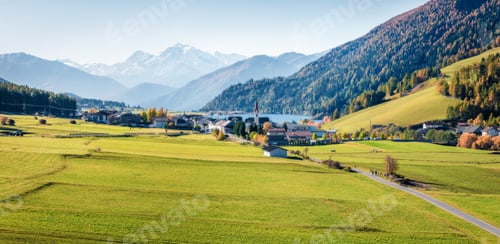 Preview: Aerial Autumn View Of San Valentin Village. Colorful Morning Panorama Of Small Italian Village