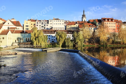 Preview: Colorful Autumn Medieval Town Pisek Above The River Otava With The Gothic Deanery Church, Czech