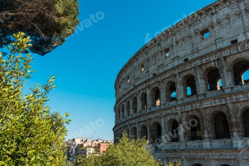 Preview: Exterior Wall Of The Colosseum With The Buildings Of Rome Visible In The Background Over A Leafy