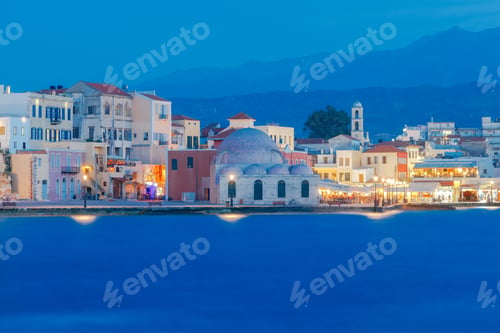 Preview: Scenic View Venetian Embankment In Chania With The Mosque Of Hassan Kuchuk Pasha At Night. Crete