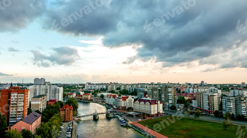 Preview: Cloudy Weather In Kaliningrad. River Pregolya, Embankment Of The Fish Village And The Jubilee