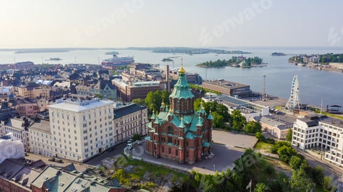 Preview: Helsinki, Finland. City Center Aerial View. Assumption Cathedral, From Drone