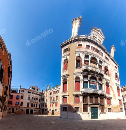 Preview: Panoramic View Of The Old Multi-Storey Traditional Venetian House And Town Square. Venice. Italy.