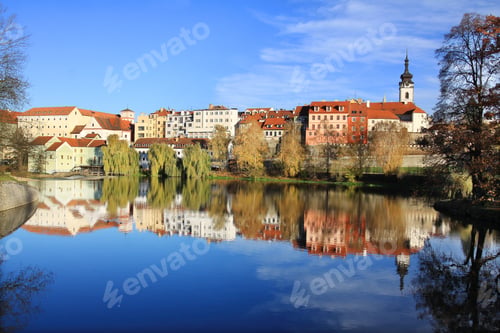 Preview: Colorful Autumn Medieval Town Pisek Above The River Otava With The Gothic Deanery Church, Czech