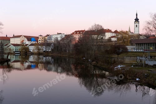Preview: Evening Winter Royal Medieval Town Pisek With The Castle Above The River Otava, Czech Republic