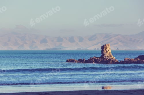 Preview: Beautiful Landscapes It The Ocean Beach, New Zealand. Inspiring Natural And Travel Background