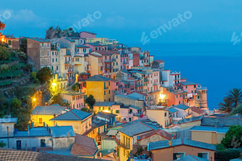Preview: The Old, Narrow Street In The Medieval Italian Village Of Manarola At Night. Parco Nazionale Delle