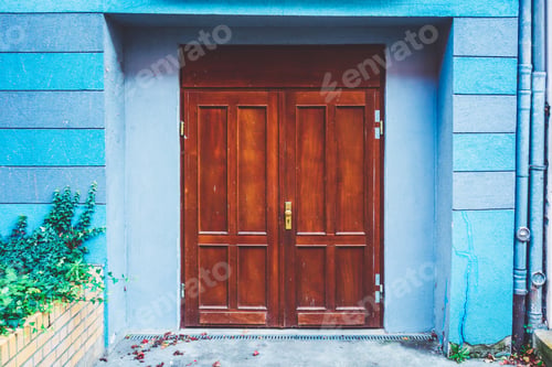 Preview: Brown Door On Blue Facade
