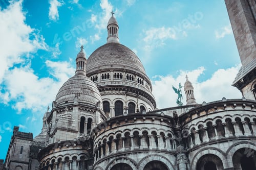 Preview: View Of Domes And Finely Sculptured Round Limestone Facade At Coeur Basilica In Paris, France