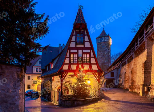 Preview: Old Traditional Medieval Street In Night Illumination. Rothenburg Ob Der Tauber. Bavaria Germany.