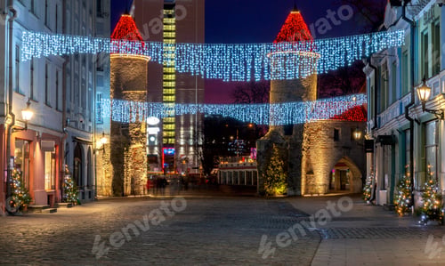 Preview: City Gates And Medieval Towers On Viru Street At Night. Tallinn. Estonia.