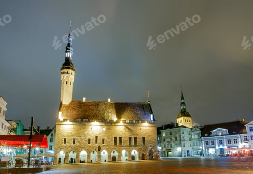 Preview: View Of The Town Hall Square And The Town Hall In Tallinn At Night.