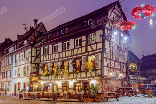 Preview: Half-Timbered House On The Canal At Night In Strasbourg. Alsace.