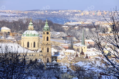 Preview: First Snow In Prague, St. Nicholas' Cathedral In The Sunny Day