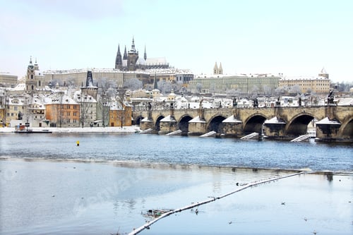 Preview: First Snow In Prague, Gothic Castle With The Charles Bridge
