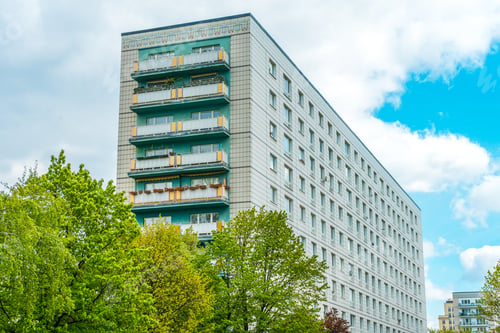 Preview: Green And White Colored Plattenbau Building In The Heart Of Berlin