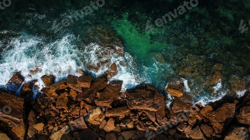 Preview: Aerial View Of Waves, Rocks And Transparent Sea. Summer Seascape. Top View From Drone. Rocky