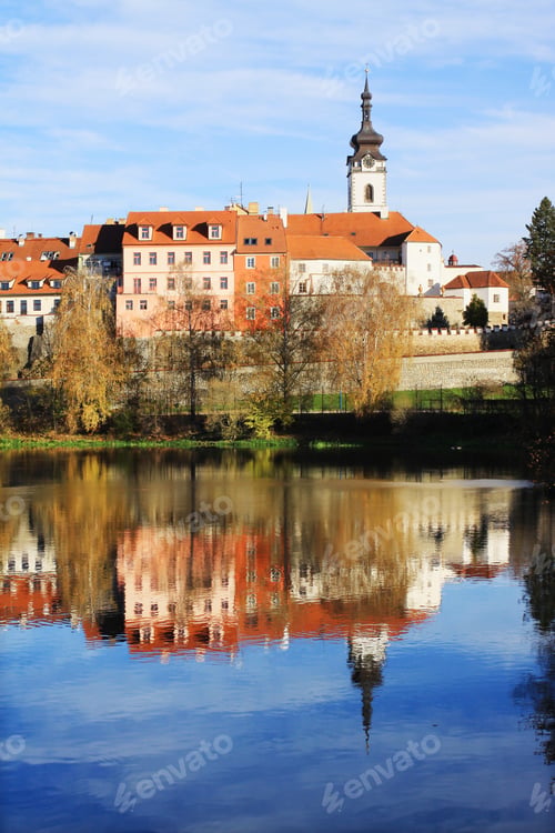 Preview: Colorful Autumn Medieval Town Pisek Above The River Otava With The Gothic Deanery Church, Czech
