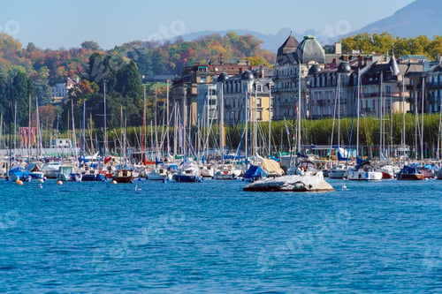 Preview: Many Small Yachts And Boats On The Pier Near The Main Lake Promenade On Lake Geneva, Switzerland