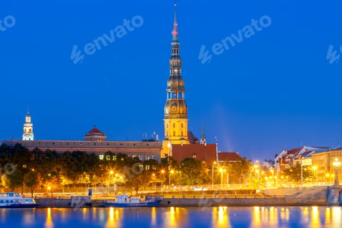 Preview: Evening View On The Embankment Of The Daugava River And The Spiers Of Churches In Riga.