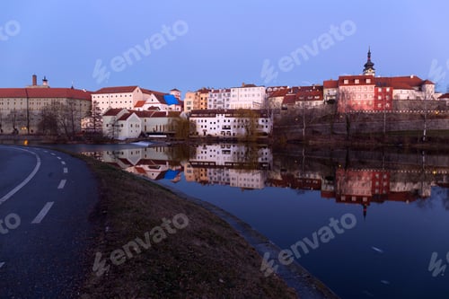 Preview: Evening Winter Royal Medieval Town Pisek With The Castle Above The River Otava, Czech Republic