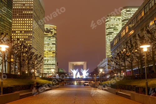 Preview: La Defense, Paris. Skyscrapers In The Modern Part Of Paris-La Defense At Night.