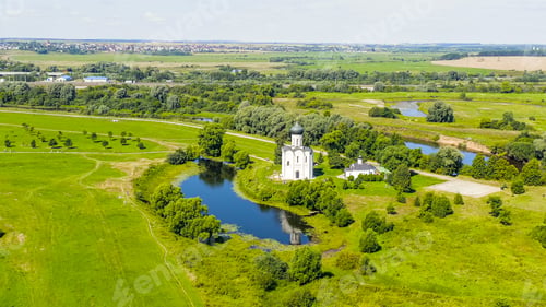 Preview: Russia, Bogolyubovo. Aerial View Of Church Of The Intercession On The Nerl. Orthodox Church And A