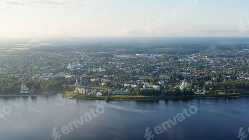 Preview: Uglich, Russia. Uglich City From The Air. Flying In The Clouds. Volga River. Early Morning, Aerial