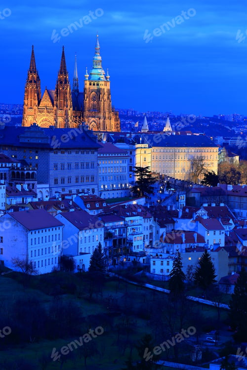 Preview: Winter Night Prague City With Gothic Castle, Czech Republic