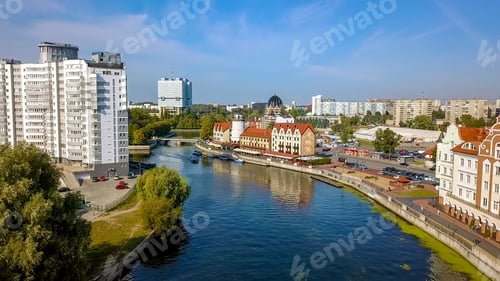 Preview: Aerial View Of The City Center Of Kaliningrad. Lighthouse In The Fish Village, Honey Bridge. Russia