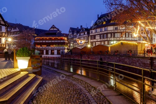 Preview: Half-Timbered House On The Canal At Night In Strasbourg. Alsace.