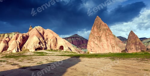 Preview: Dramatic Spring Panorama Of Cappadocia. Picturesque Morning View Of Of Red Rose Valley In April
