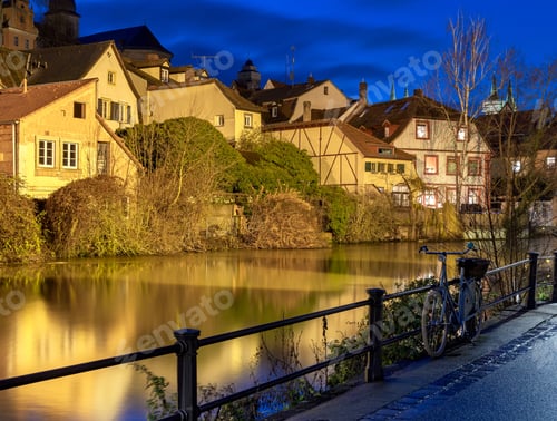 Preview: Old City Embankment In Night Illumination. Bamberg. Bavaria Germany.