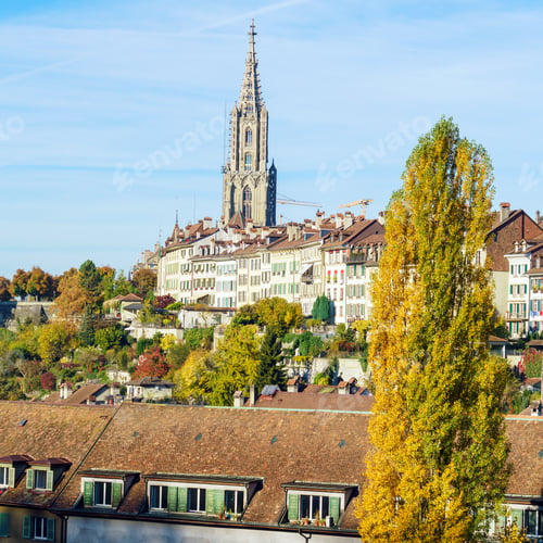 Preview: Aerial View Of Old City With Minster Gothic Cathedral, Bern, Switzerland
