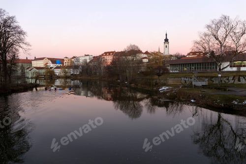 Preview: Evening Winter Royal Medieval Town Pisek With The Castle Above The River Otava, Czech Republic