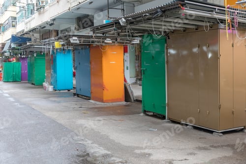 Preview: Closed Small Kiosk Booths In Row At Street Market