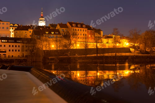 Preview: Night Winter Royal Medieval Town Pisek With The Castle Above The River Otava, Czech Republic