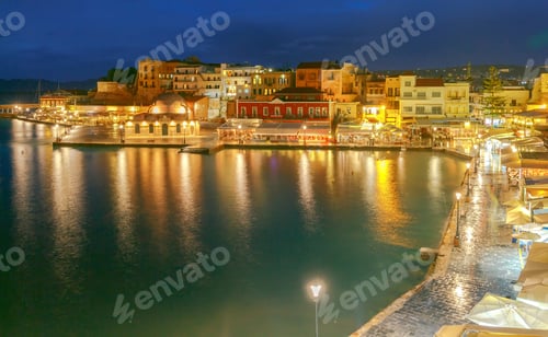 Preview: Night View Of The Quay With Lanterns And The Old Harbor In Chania. Greece.