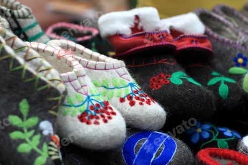 Preview: Various Felt Slippers On The Market Counter