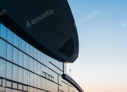 Preview: Futuristic Office Building With Big Glass Facade In The Afternoon